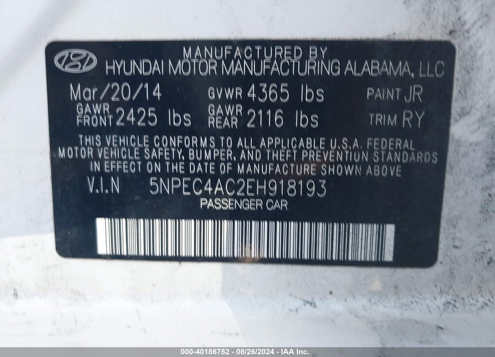 2014 HYUNDAI SONATA SE VIN: 5NPEC4AC2EH918193