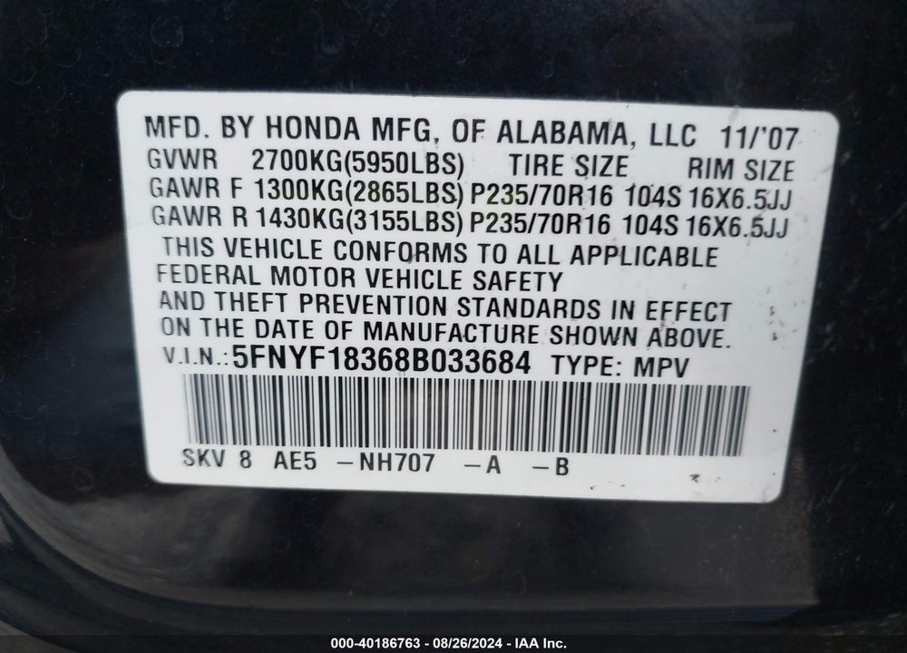 2008 HONDA PILOT VIN: 5FNYF18368B033684