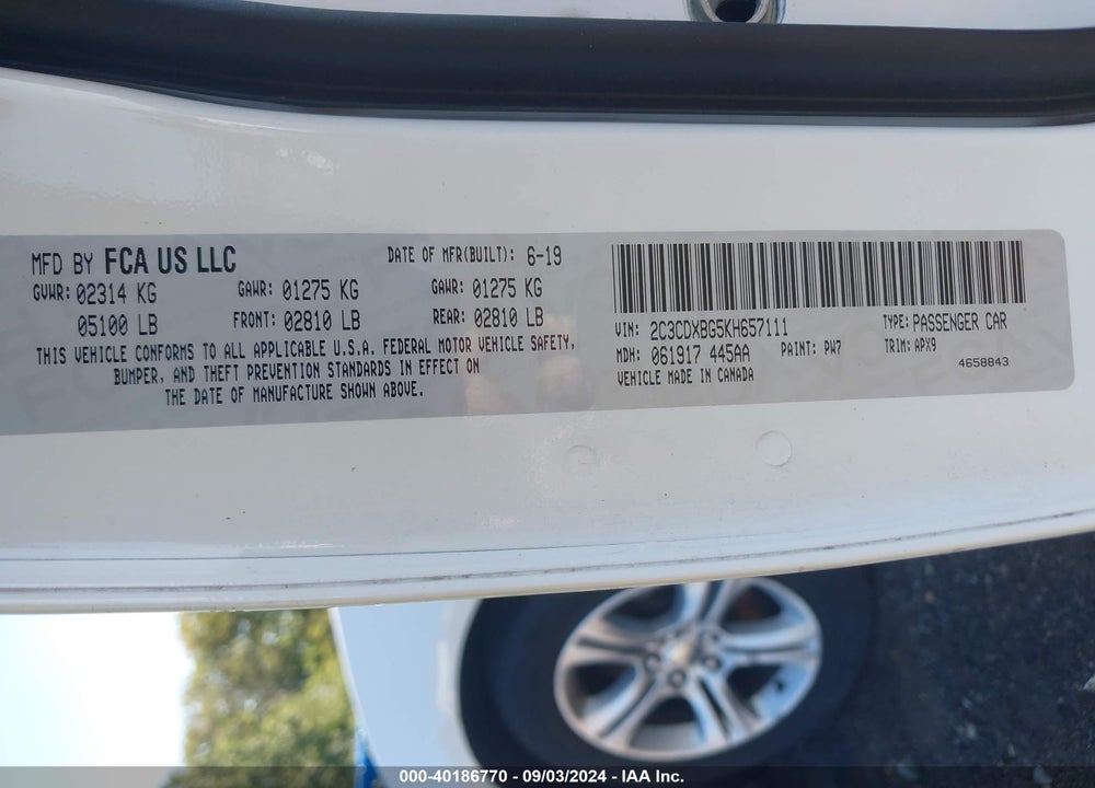 2019 DODGE CHARGER SXT RWD VIN: 2C3CDXBG5KH657111
