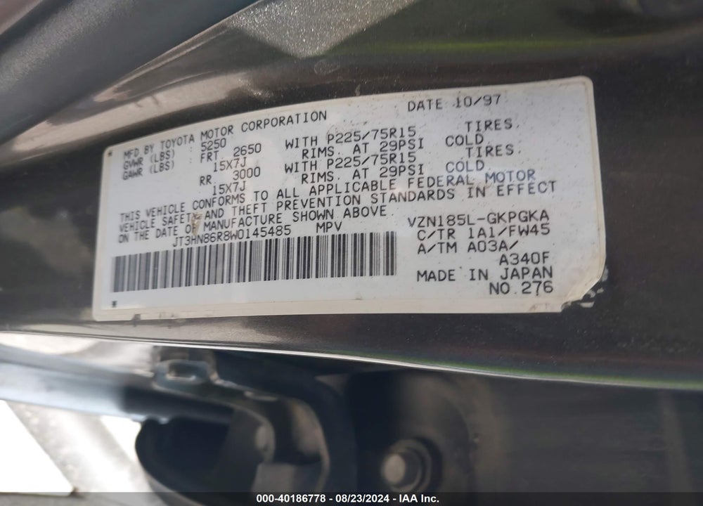 1998 TOYOTA 4RUNNER SR5 V6 VIN: JT3HN86R8W0145485