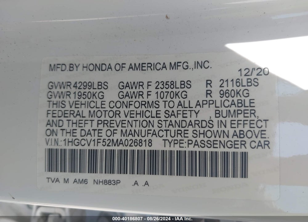 2021 HONDA ACCORD EX-L VIN: 1HGCV1F52MA026818