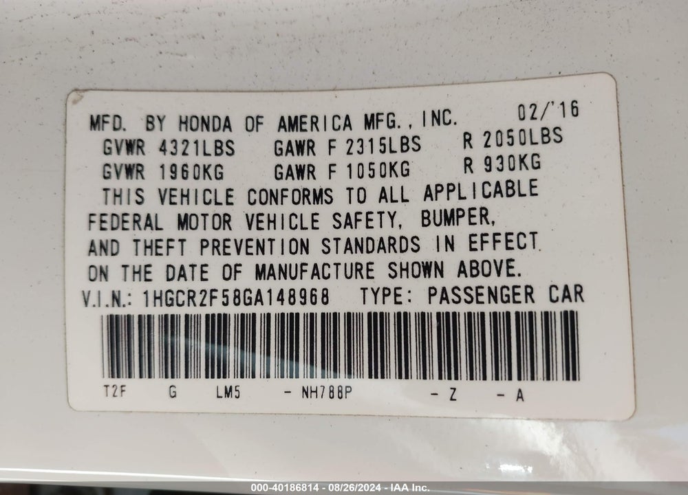 2016 HONDA ACCORD SPORT VIN: 1HGCR2F58GA148968