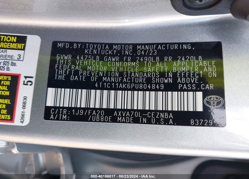 2023 TOYOTA CAMRY LE VIN: 4T1C11AK6PU804849