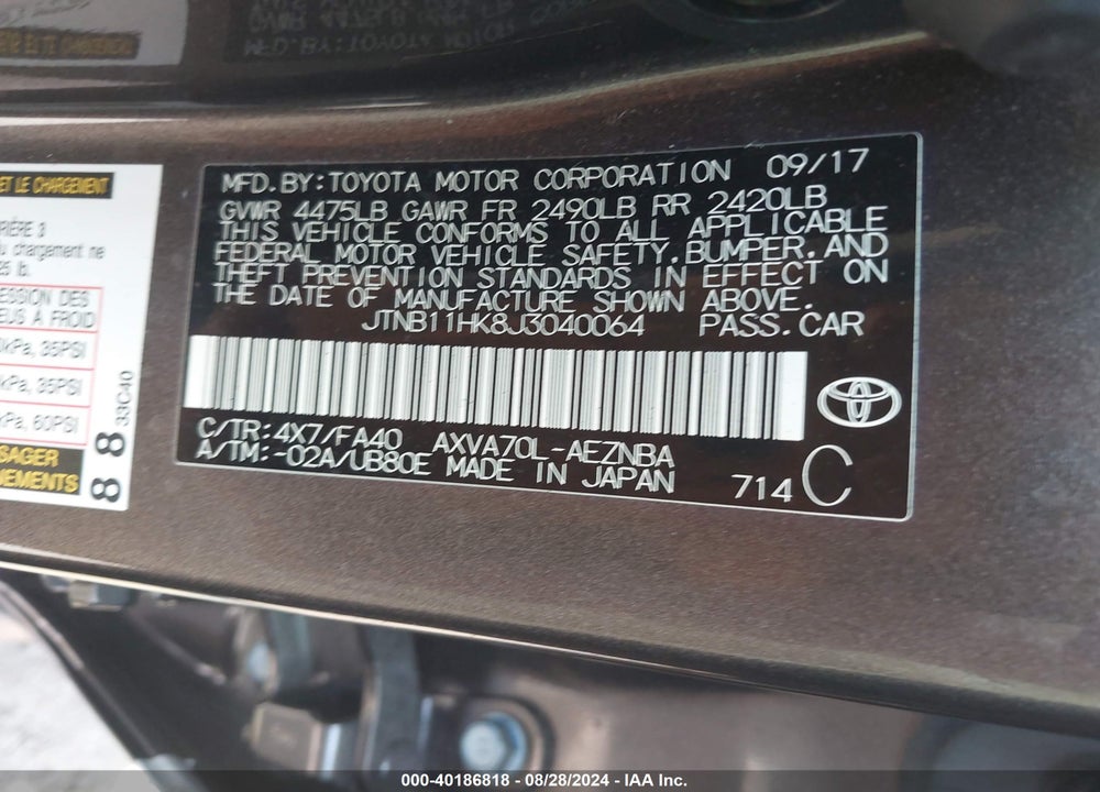 2018 TOYOTA CAMRY LE VIN: JTNB11HK8J3040064