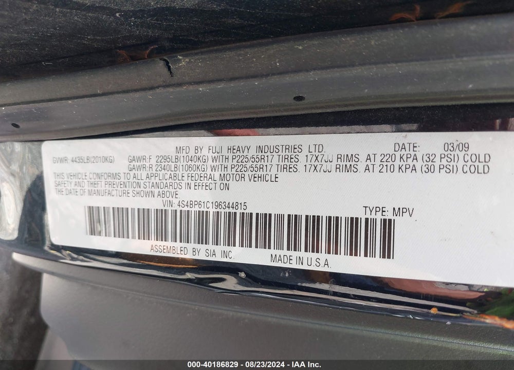 2009 SUBARU OUTBACK 2.5I VIN: 4S4BP61C196344815