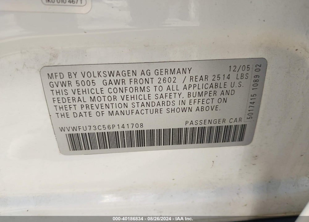 2006 VOLKSWAGEN PASSAT 3.6 VIN: WVWFU73C56P141708