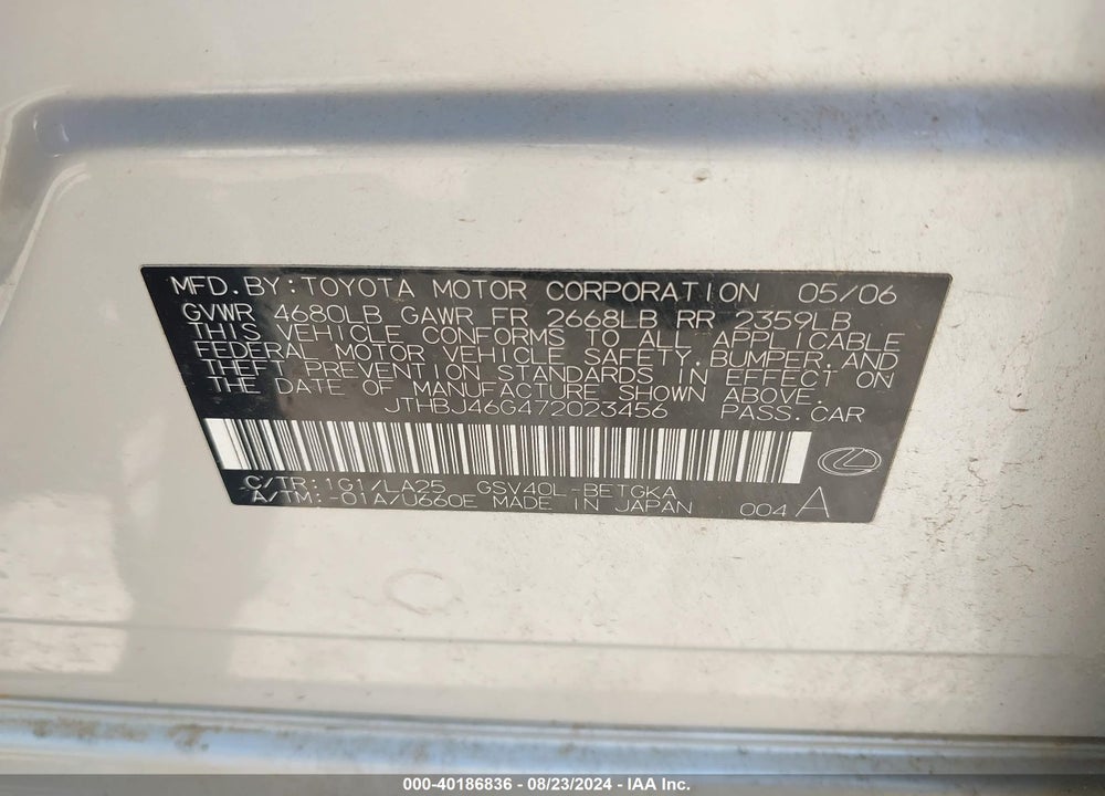 2007 LEXUS ES 350 VIN: JTHBJ46G472023456