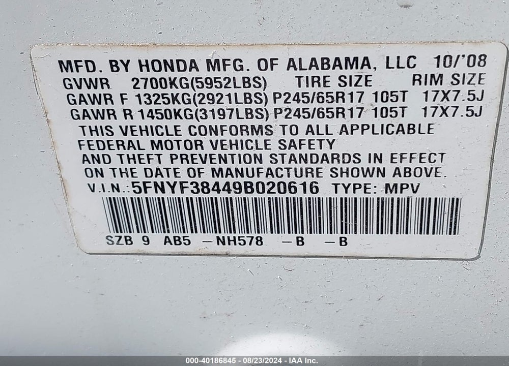 2009 HONDA PILOT EX VIN: 5FNYF38449B020616