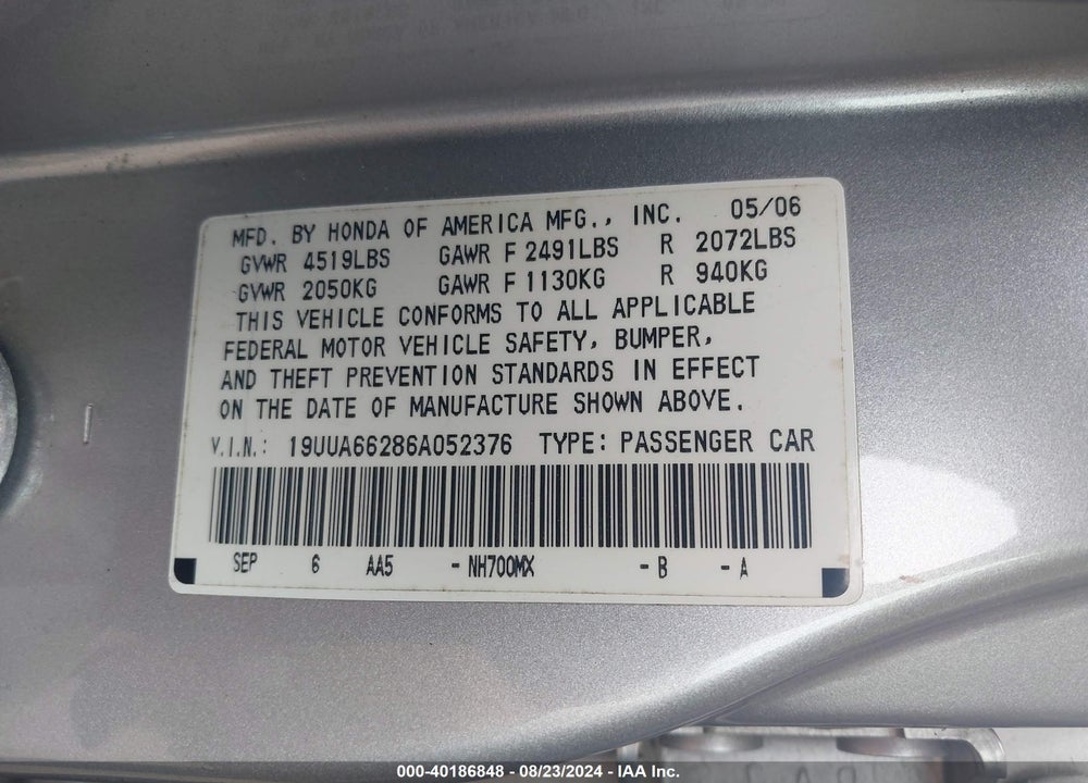 2006 ACURA TL VIN: 19UUA66286A052376
