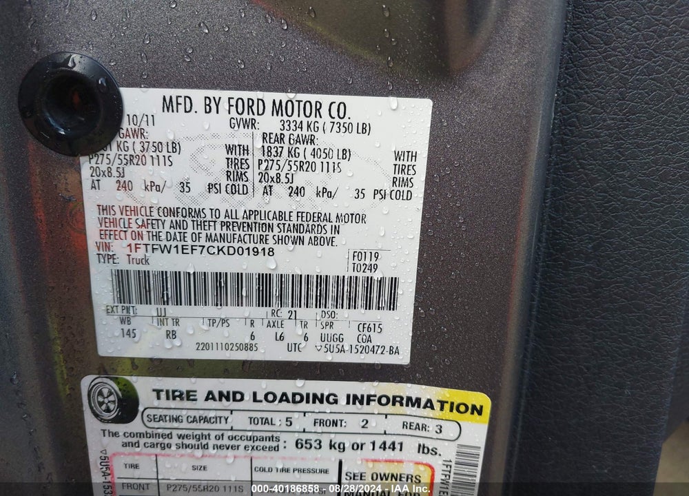 2012 FORD F-150 FX4 VIN: 1FTFW1EF7CKD01918