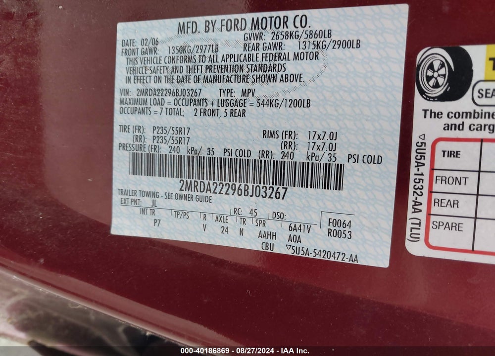 2006 MERCURY MONTEREY LUXURY VIN: 2MRDA22296BJ03267