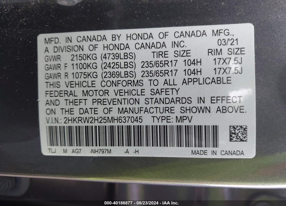 2021 HONDA CR-V AWD LX VIN: 2HKRW2H25MH637045