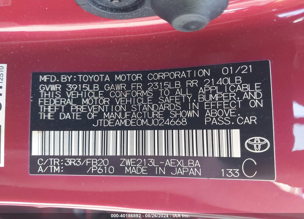 2021 TOYOTA COROLLA HYBRID LE VIN: JTDEAMDE0MJ024668