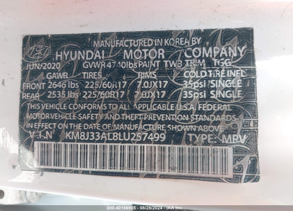 2020 HYUNDAI TUCSON ULTIMATE VIN: KM8J33AL8LU257499