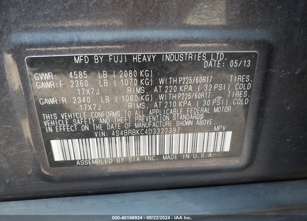 2013 SUBARU OUTBACK 2.5I LIMITED VIN: 4S4BRBKC4D3322397