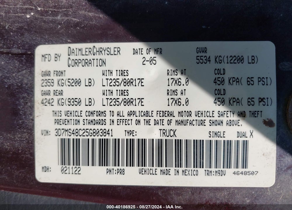 2005 DODGE RAM 3500 SLT/LARAMIE VIN: 3D7MS48C25G803841