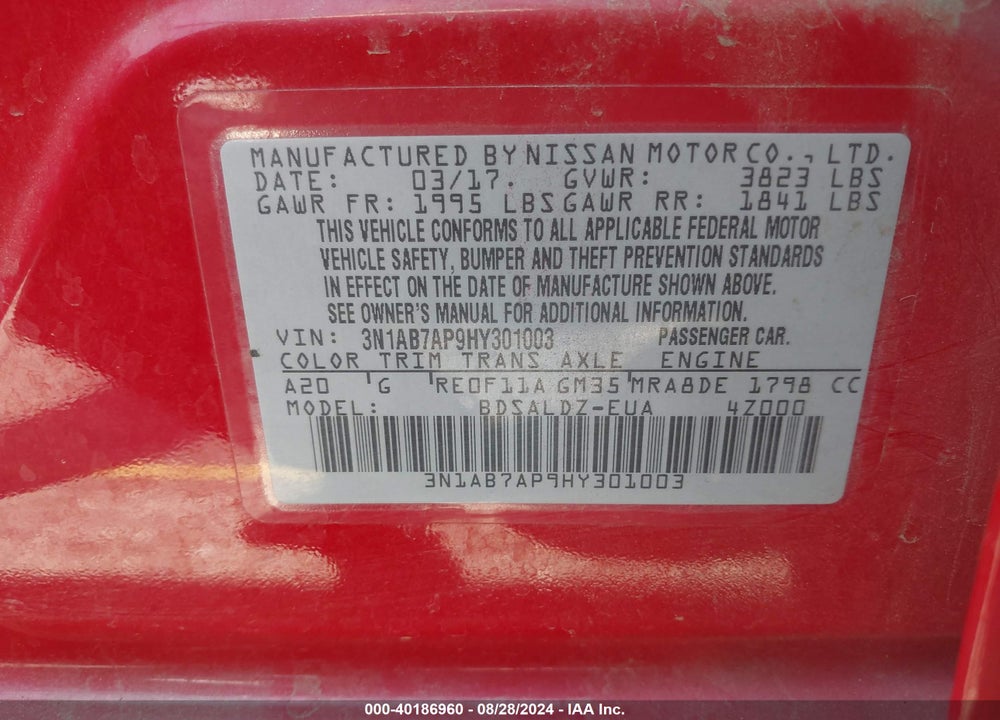 2017 NISSAN SENTRA SV VIN: 3N1AB7AP9HY301003