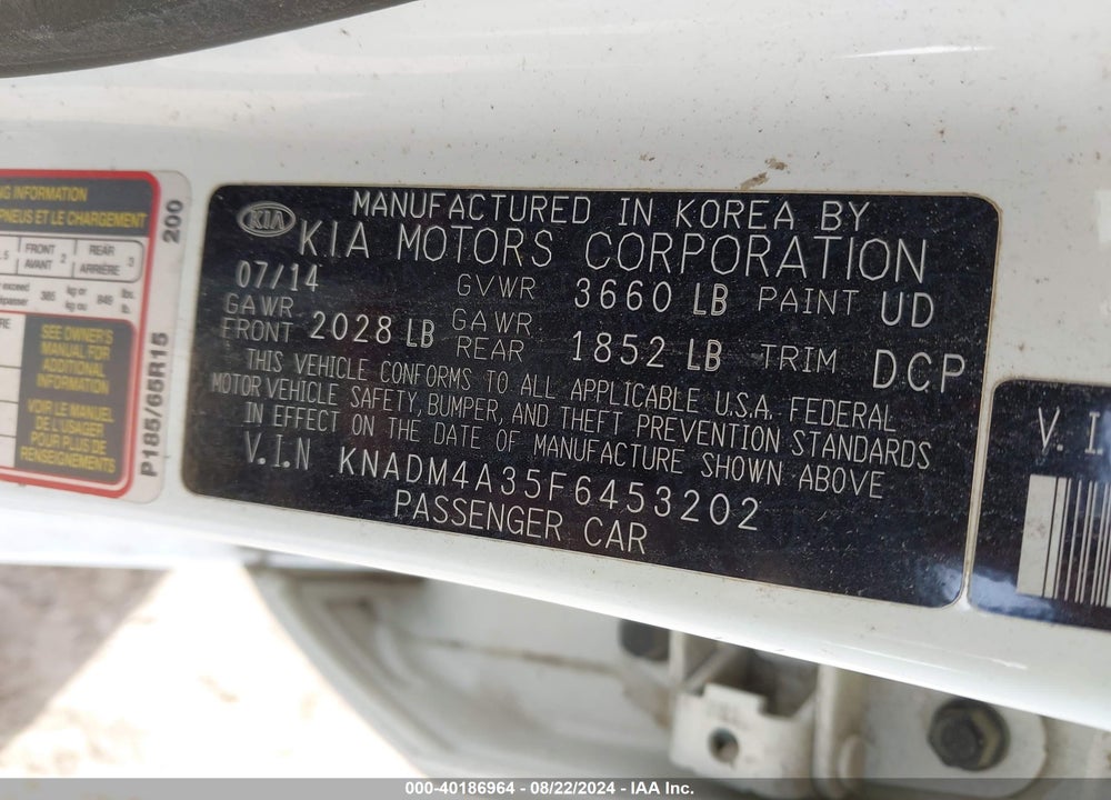 2015 KIA RIO LX VIN: KNADM4A35F6453202