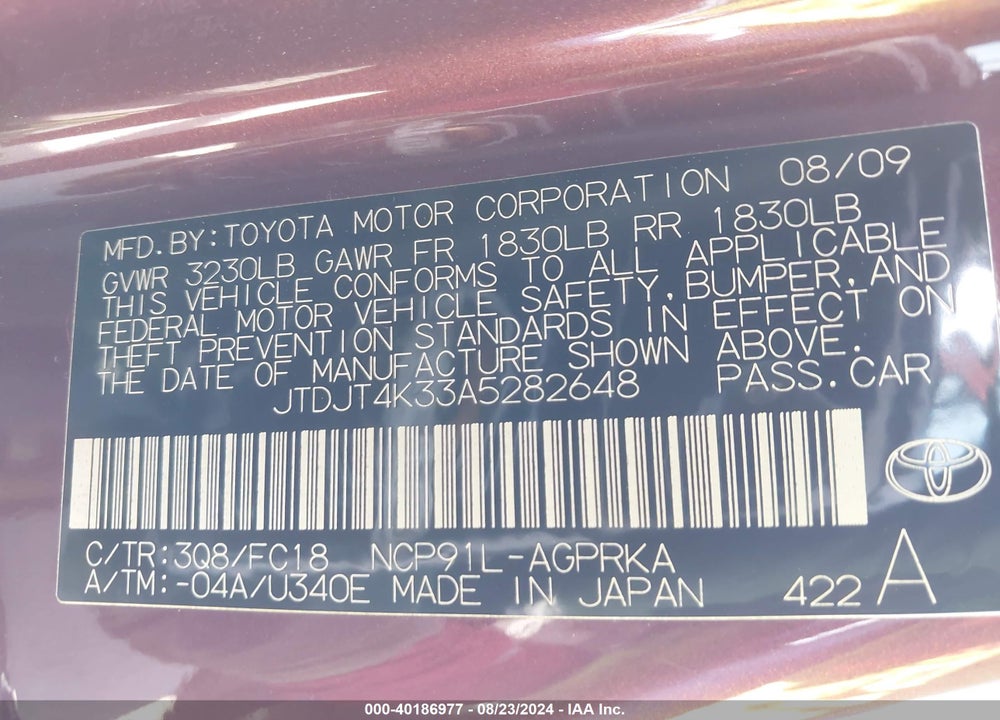 2010 TOYOTA YARIS VIN: JTDJT4K33A5282648