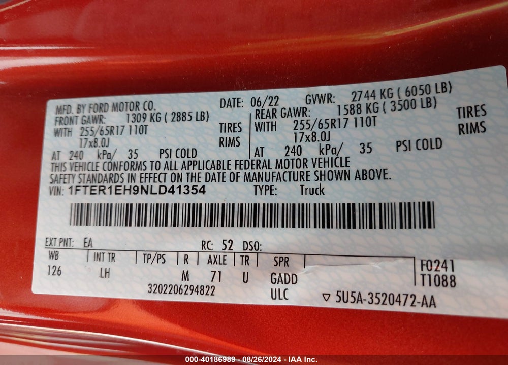 2022 FORD RANGER XL VIN: 1FTER1EH9NLD41354