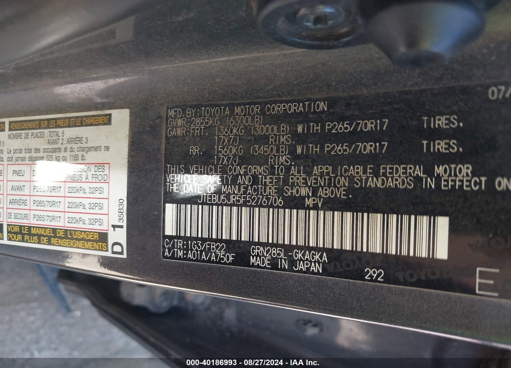 2015 TOYOTA 4RUNNER SR5 VIN: JTEBU5JR5F5276706