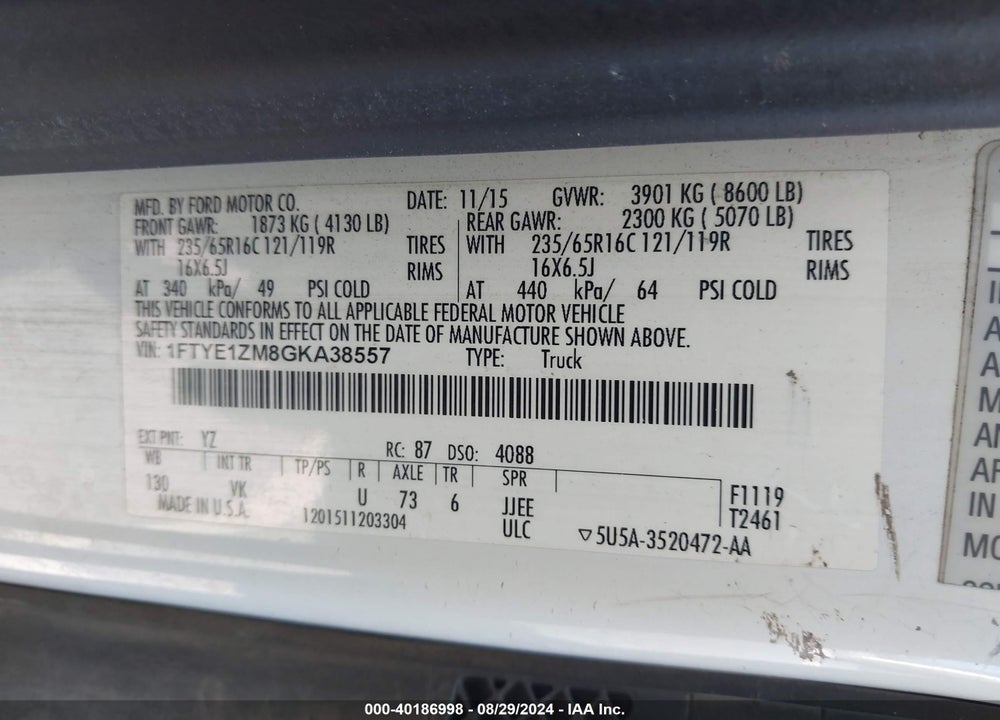 2016 FORD TRANSIT-150 VIN: 1FTYE1ZM8GKA38557