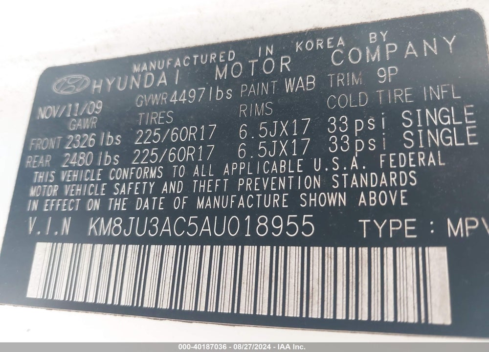 2010 HYUNDAI TUCSON GLS VIN: KM8JU3AC5AU018955