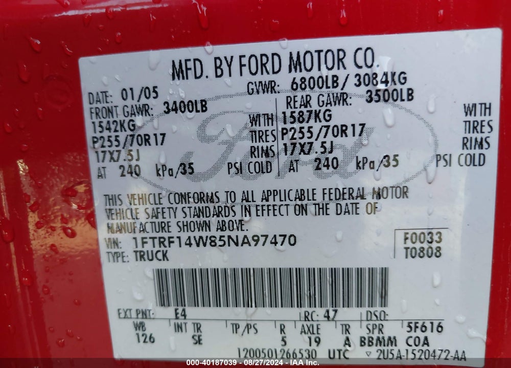 2005 FORD F-150 STX/XL/XLT VIN: 1FTRF14W85NA97470