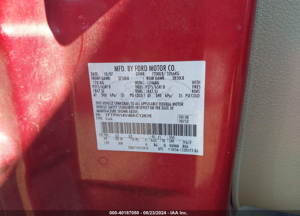 2008 FORD F-150 LARIAT VIN: 1FTPW14V48KC12635