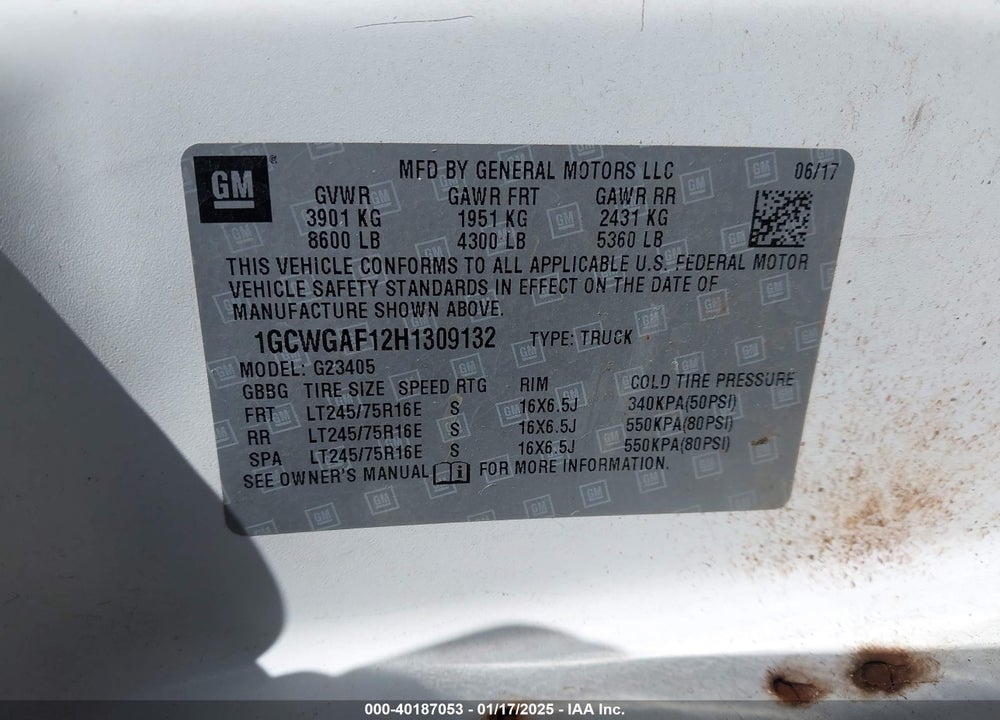 2017 CHEVROLET EXPRESS 2500 WORK VAN VIN: 1GCWGAF12H1309132