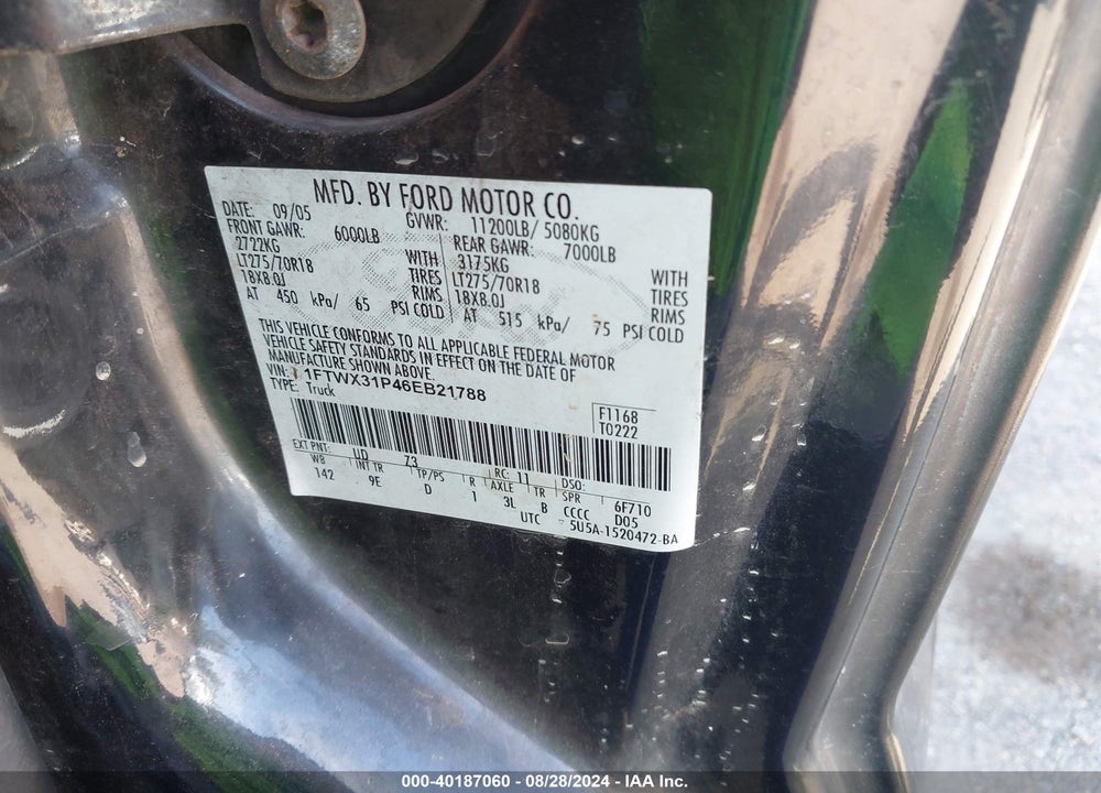 2006 FORD F 350 VIN: 1FTWX31P46EB21788