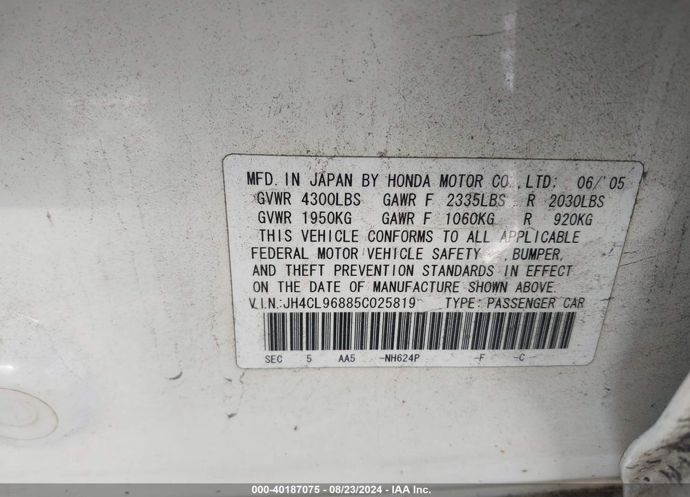 2005 ACURA TSX VIN: JH4CL96885C025819