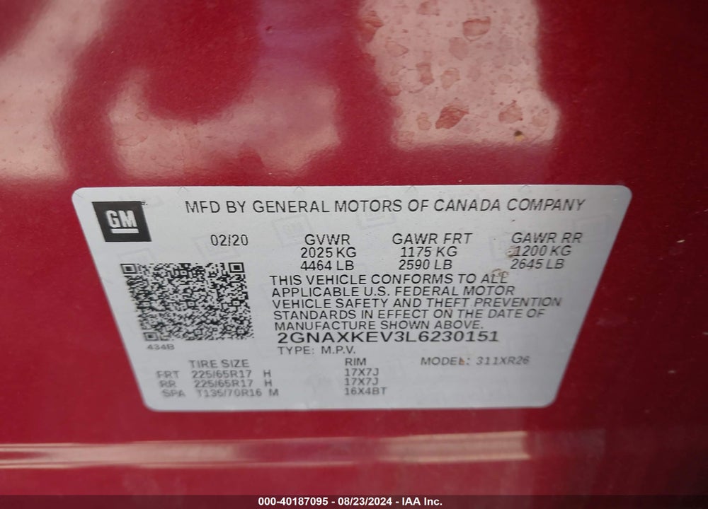 2020 CHEVROLET EQUINOX FWD LT 1.5L TURBO VIN: 2GNAXKEV3L6230151