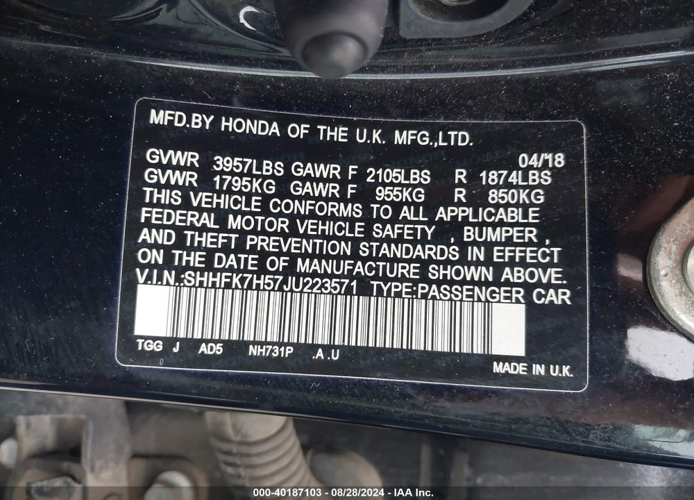 2018 HONDA CIVIC EX VIN: SHHFK7H57JU223571
