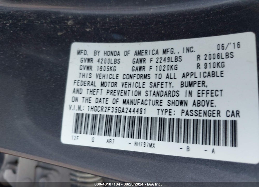 2016 HONDA ACCORD LX VIN: 1HGCR2F35GA244491