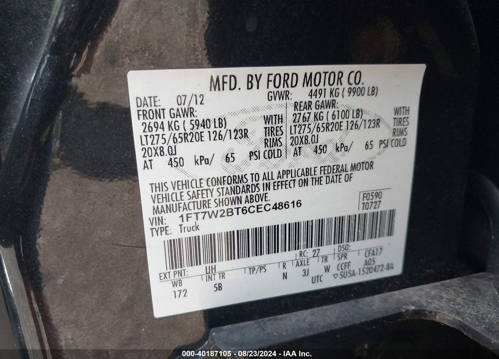 2012 FORD F-250 LARIAT VIN: 1FT7W2BT6CEC48616