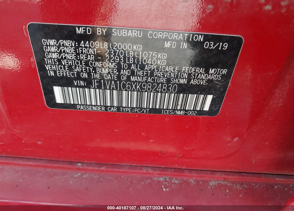2019 SUBARU WRX PREMIUM VIN: JF1VA1C6XK9824830