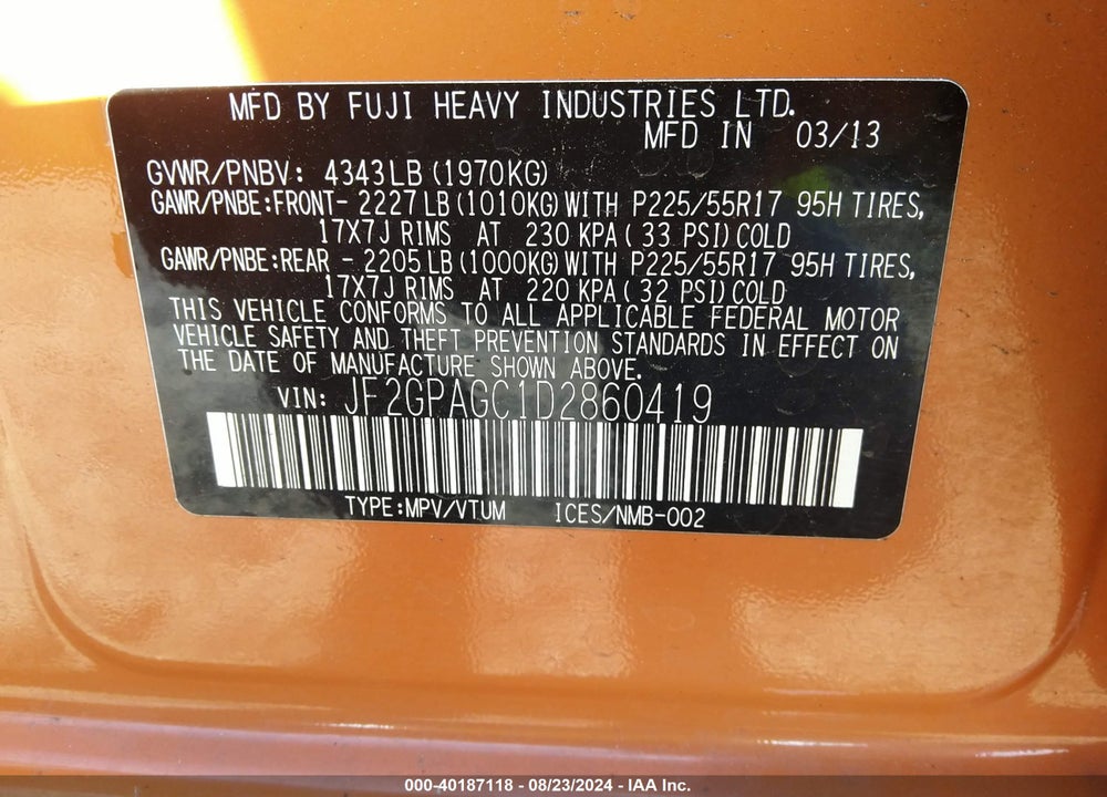 2013 SUBARU XV CROSSTREK 2.0I LIMITED VIN: JF2GPAGC1D2860419