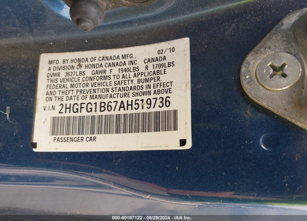 2010 HONDA CIVIC LX VIN: 2HGFG1B67AH519736
