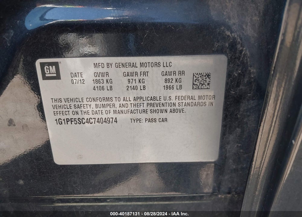 2012 CHEVROLET CRUZE VIN: 1G1PF5SC4C7404974