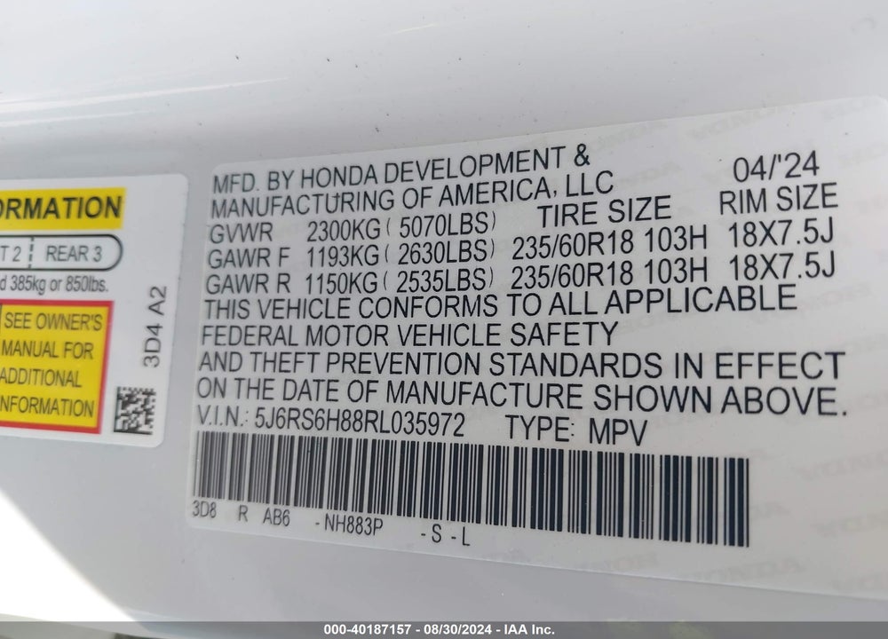 2024 HONDA CR-V HYBRID SPORT-L VIN: 5J6RS6H88RL035972