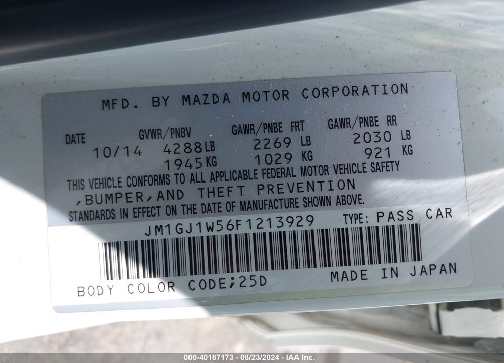 2015 MAZDA 6 I GRAND TOURING VIN: JM1GJ1W56F1213929