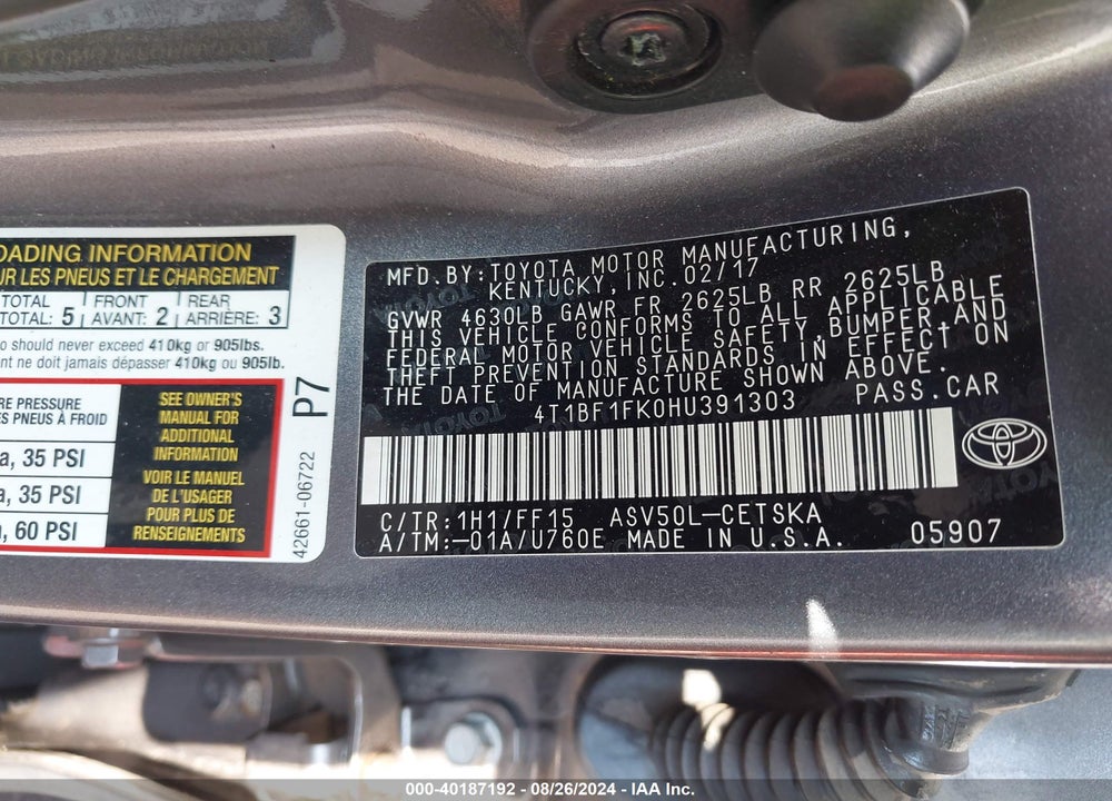2017 TOYOTA CAMRY SE VIN: 4T1BF1FK0HU391303