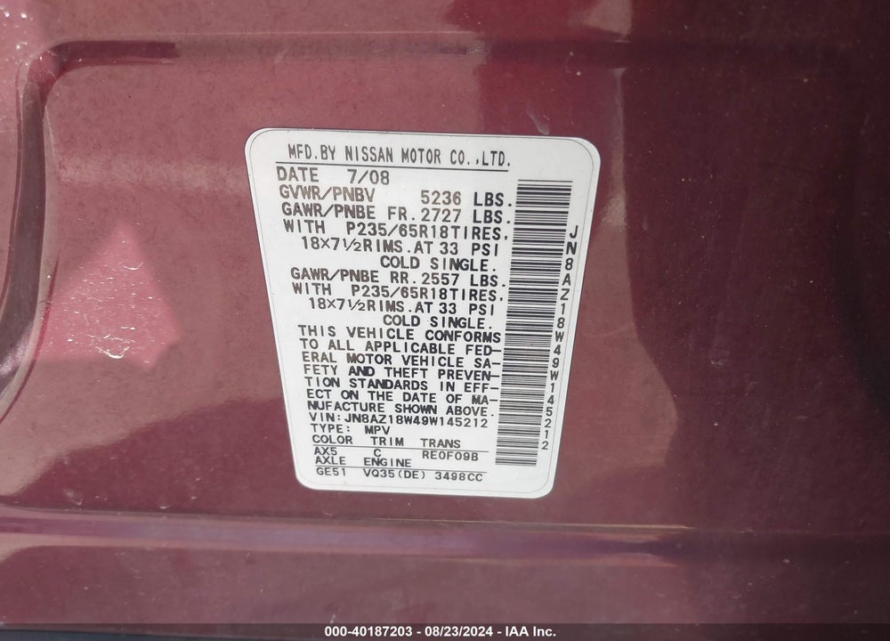 2009 NISSAN MURANO S VIN: JN8AZ18W49W145212