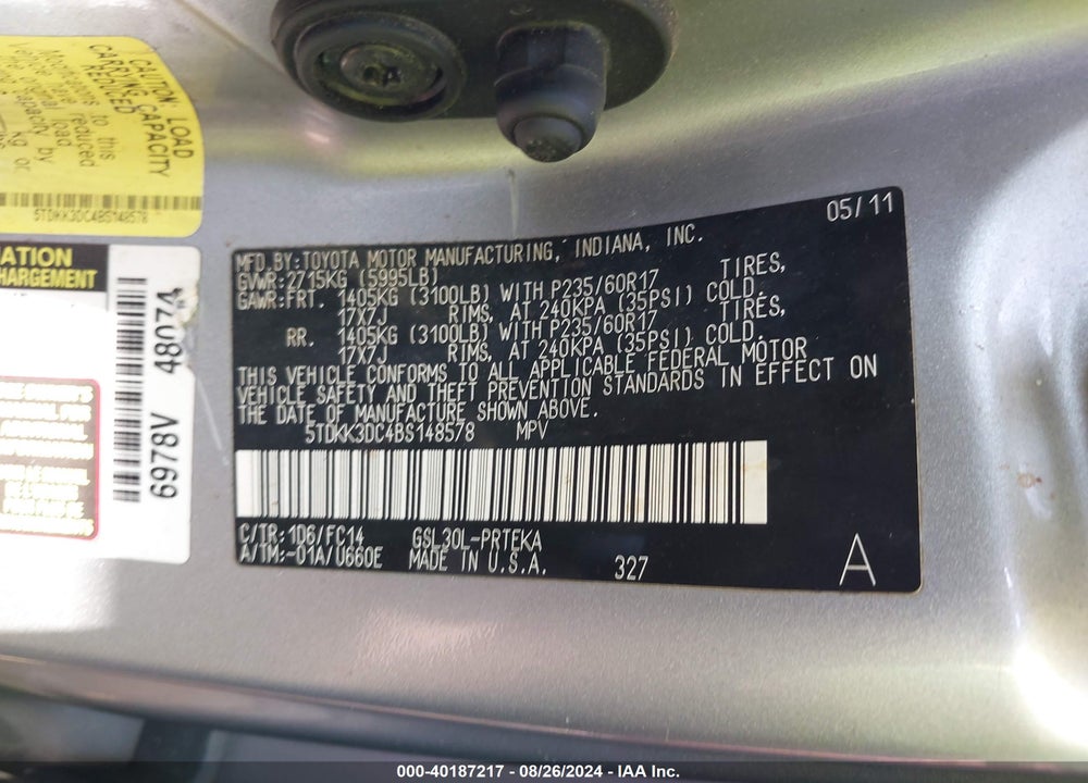 2011 TOYOTA SIENNA LE V6 VIN: 5TDKK3DC4BS148578