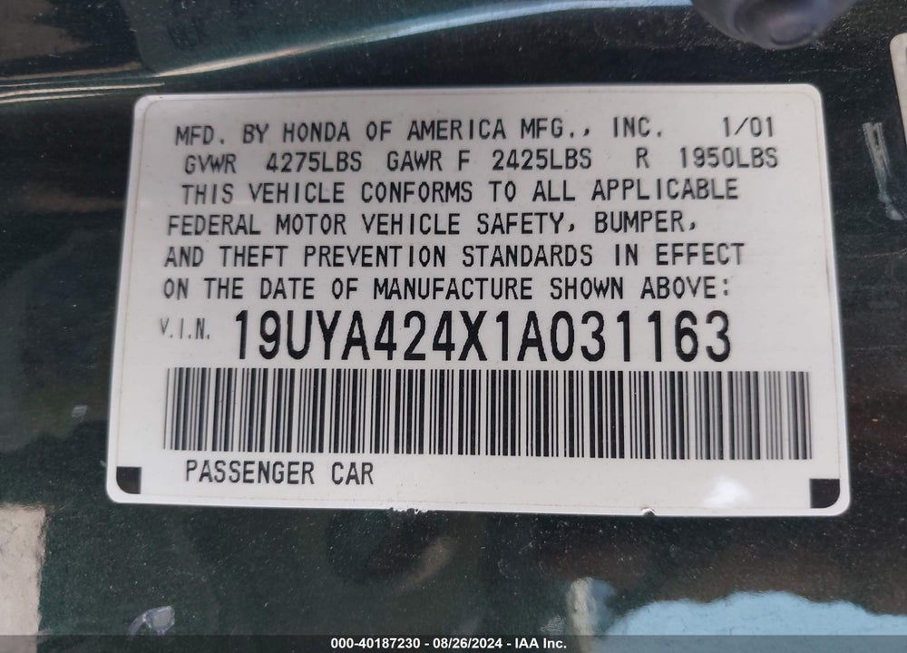 2001 ACURA CL 3.2 VIN: 19UYA424X1A031163