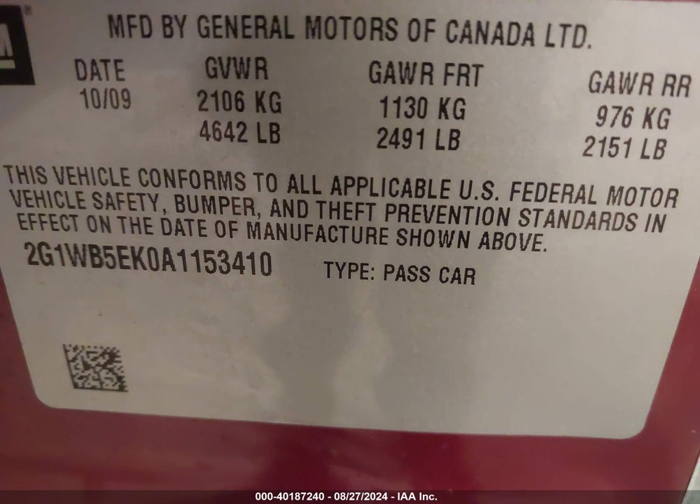 2010 CHEVROLET IMPALA LT VIN: 2G1WB5EK0A1153410