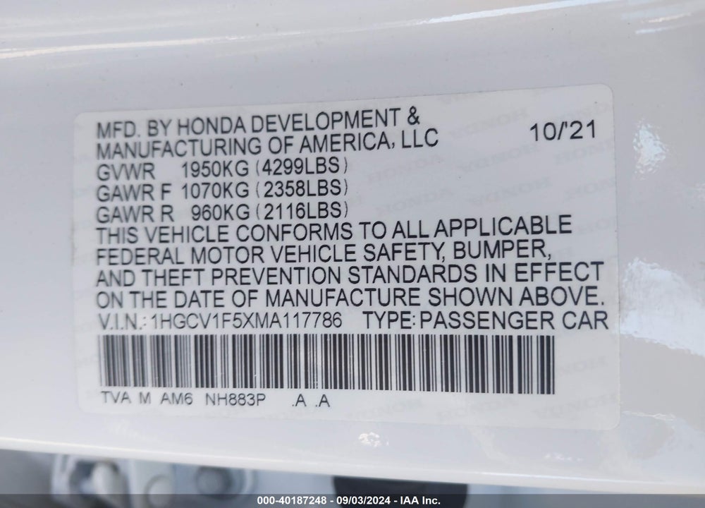 2021 HONDA ACCORD EX-L VIN: 1HGCV1F5XMA117786