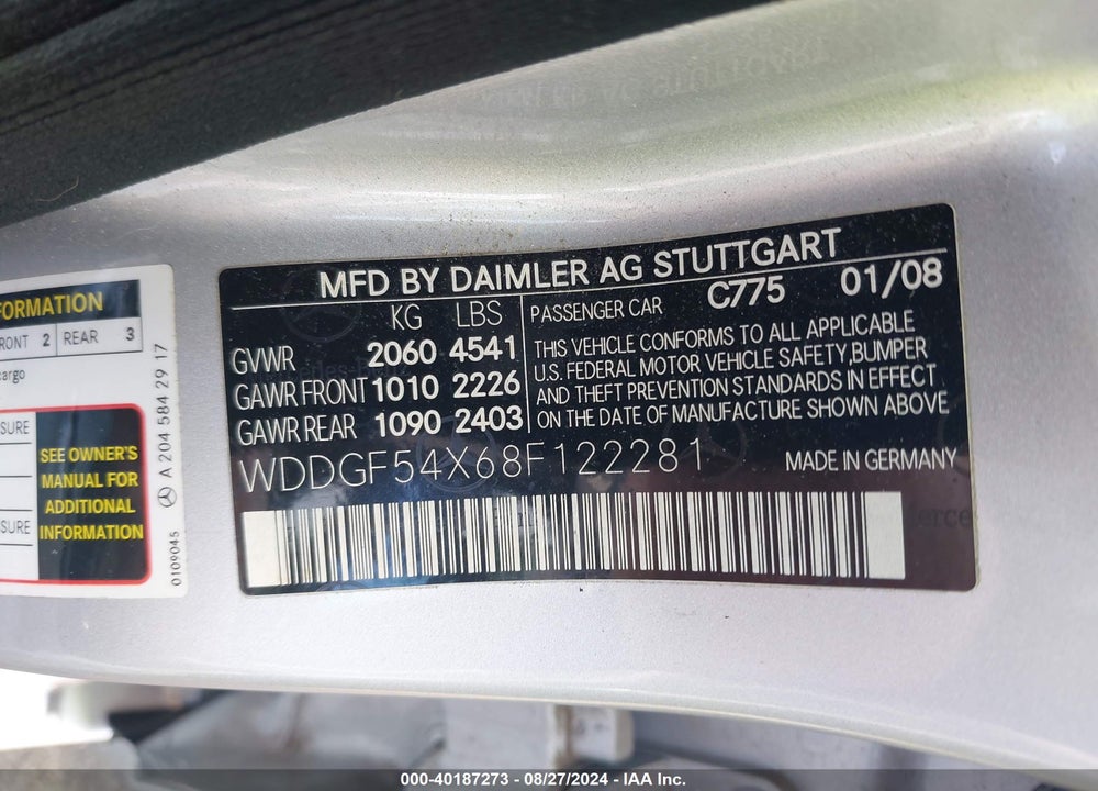 2008 MERCEDES-BENZ C 300 LUXURY/SPORT VIN: WDDGF54X68F122281