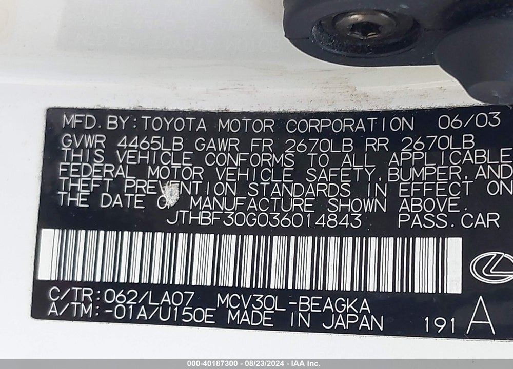 2003 LEXUS ES 300 VIN: JTHBF30G036014843